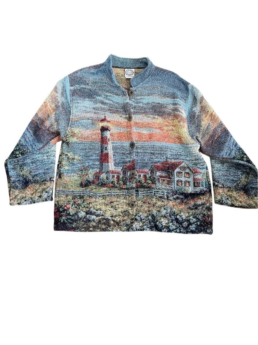 Vintage Sugar Street Weavers Tapestry Cardigan Jacket Sz Lg Lighthouse Coastal